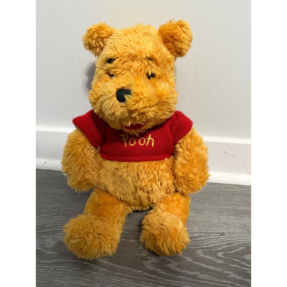 Disney Store Winnie the Pooh Plush Bear Red Knit Sweater Gold Embroidery Toy